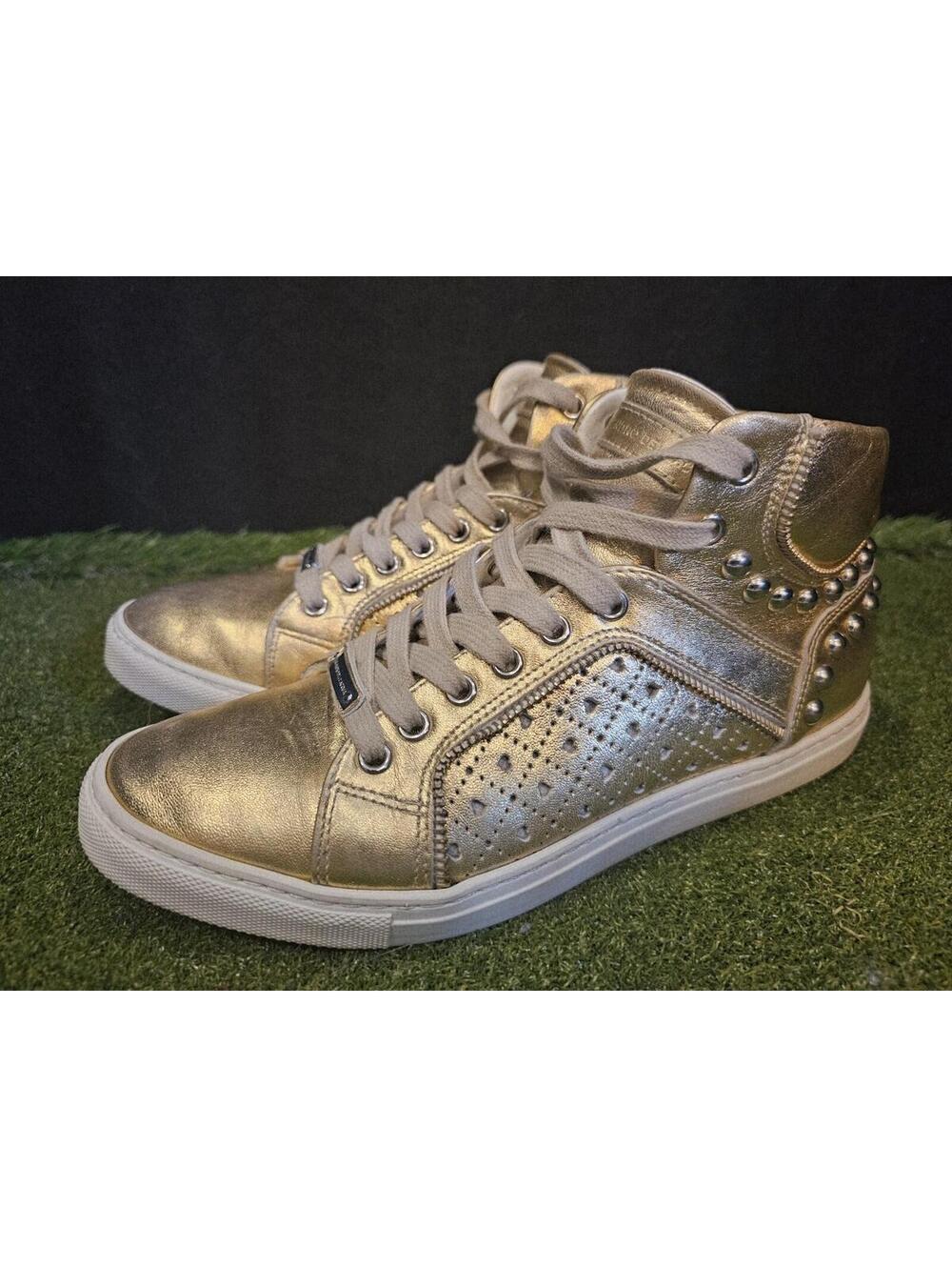 ALESSANDRO DELL' ACQUA STUDDED GOLD LEATHER  HIGH-TOP SNEAKERS Sz. 37.5 IT/7.5US